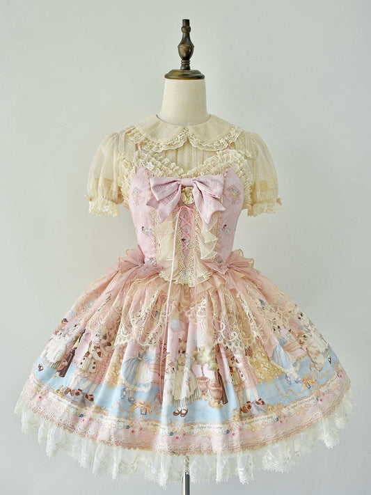 Party Tee Lolita Kitty Mieder Druck Jumper Korsett Kleid Rosa Rock Süße