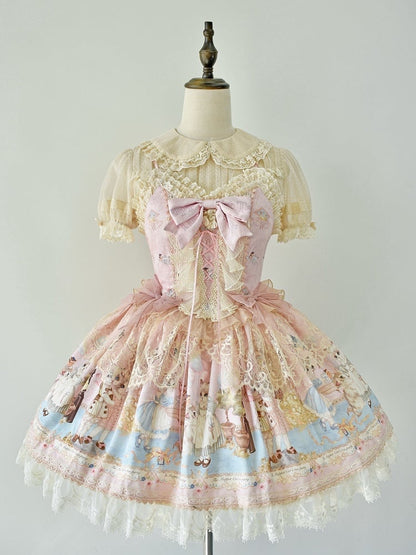 Rosa Kleid Sweet Party Tea JSK Print Mieder Lolita Korsett Full Kitty Set