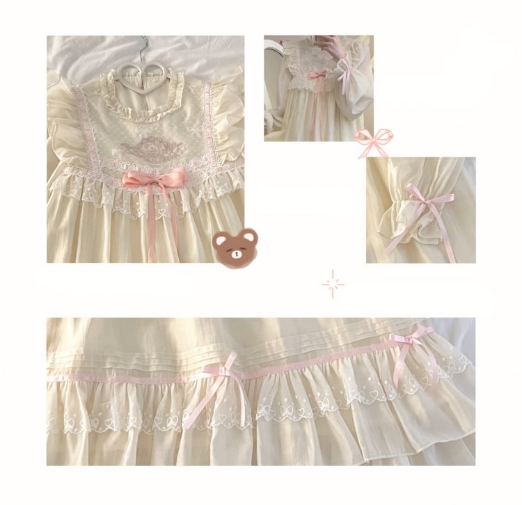 Apricot Bear Embroidery Bowknot Nightdress