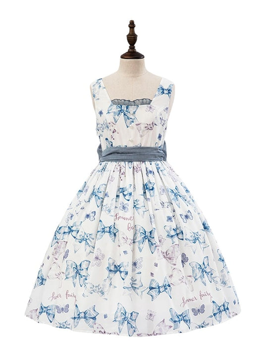 Robe Lolita Retao taille haute bleue à imprimé nœuds papillon