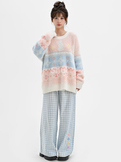Pink Cute Bunnies Pattern Round Neck Soft Sweater
