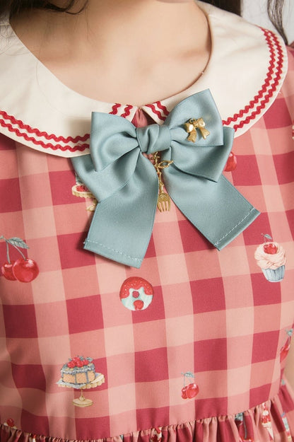 Red High Waist Cherry and Dessert Sweet Lolita Gingham Dress