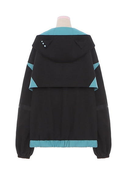 Hooded Techwear Black Futuristic Jacket Blue and Cyberpunk