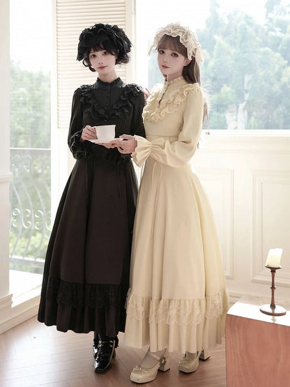 Beige Shawl Waist Ruffle Lace-up with Lolita Dress Detachable Neckline Elegant