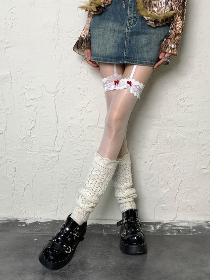 Y2K White Bowknot Lace Details Suspender Tights