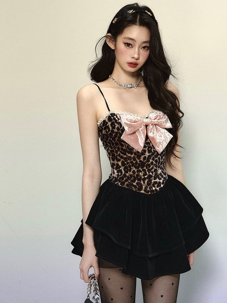 Coffee Leopard Corset Bodice Bow Accent Tiered Skirt Velvet Mini Dress