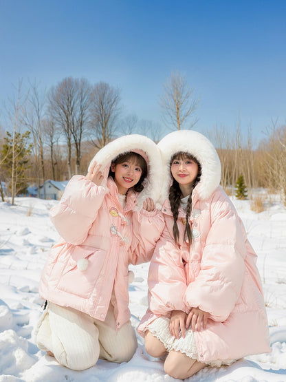 Pink Cute Bear and Kitty Plush Trim Hooded Down Coat