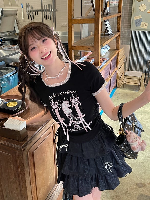 Black Square Neck Candlestick Print Drawstring Hem Lace Trim T-Shirt