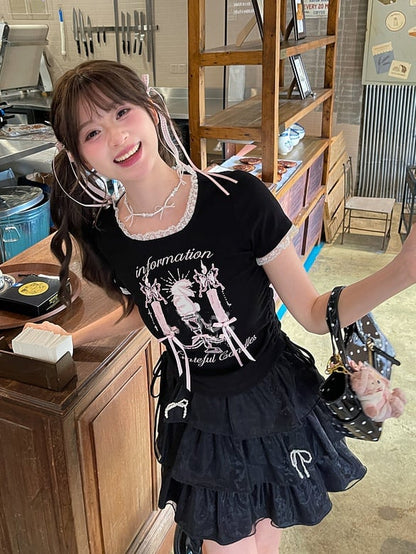 Black Square Neck Candlestick Print Drawstring Hem Lace Trim T-Shirt