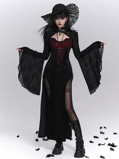 with Print PU Gothic Buckle Crop Bell Neckline Black Halloween Spiderweb Shrug Sleeve