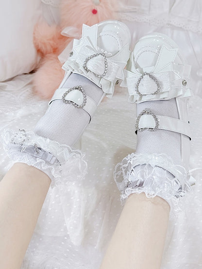 Decorated Platform Lace-up Heels Jirai Heart Polished White Details High Rhinestone Block Kei