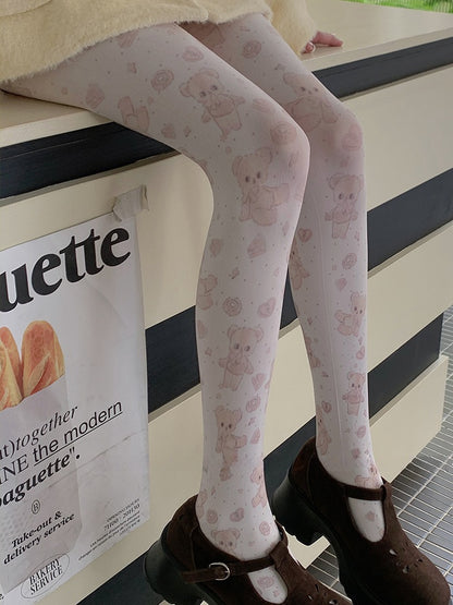 White Sweet Bear Heart Tights