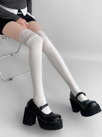 Lace Gray/Beige/Light Gray White/Black/Dark Knitted Over-knee Trim Stockings
