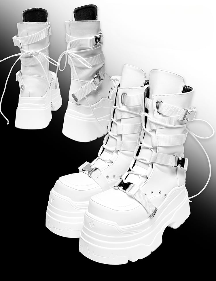 Matte White Punk Stud Bandage Lace-up Details Platform Boots