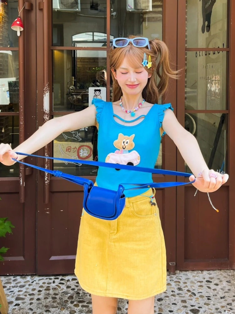 Free Kitty Applique Flutter Sleeves Top Blue Cute Necklace with