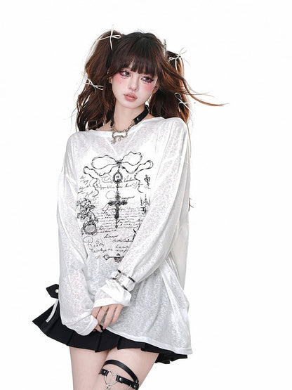 Black/White Semi-sheer Cross Print Drawstring Waist Loose Sweatshirt