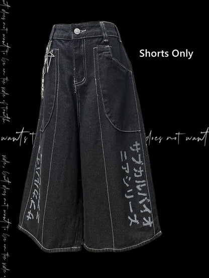 Denim Shorts Y2K Black Letter Print Wide-leg