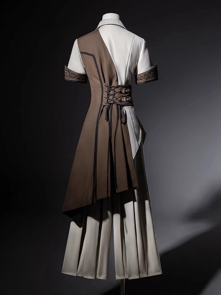 Ouji - Pieces Steampunk Sleeves Shirt Waistcoat Lolita Set Pants Straight-leg Short + Long Three One-shoulder