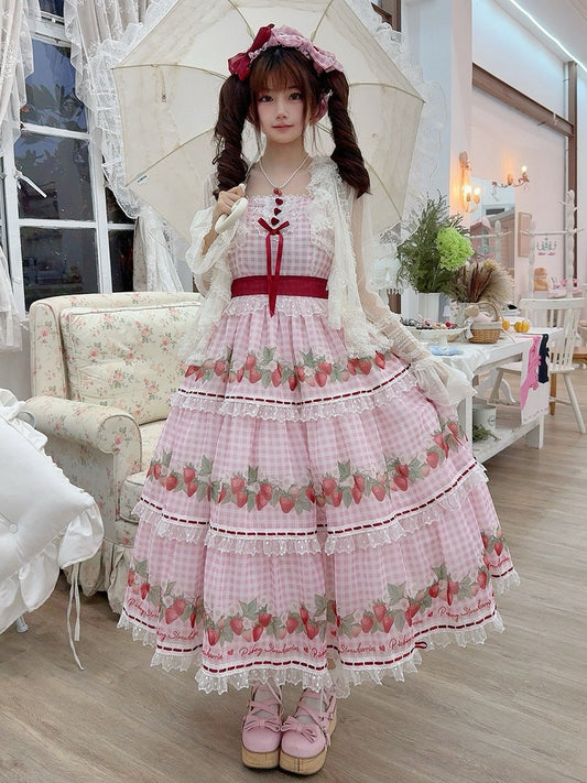 Robe vichy rose pique-nique à imprimé fraises Cottagecore, jupe pull Sweet Lolita