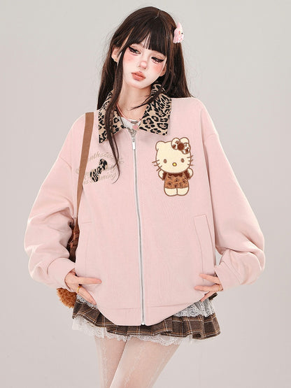 Pink Kitty Leopard Collar Baseball Jacket