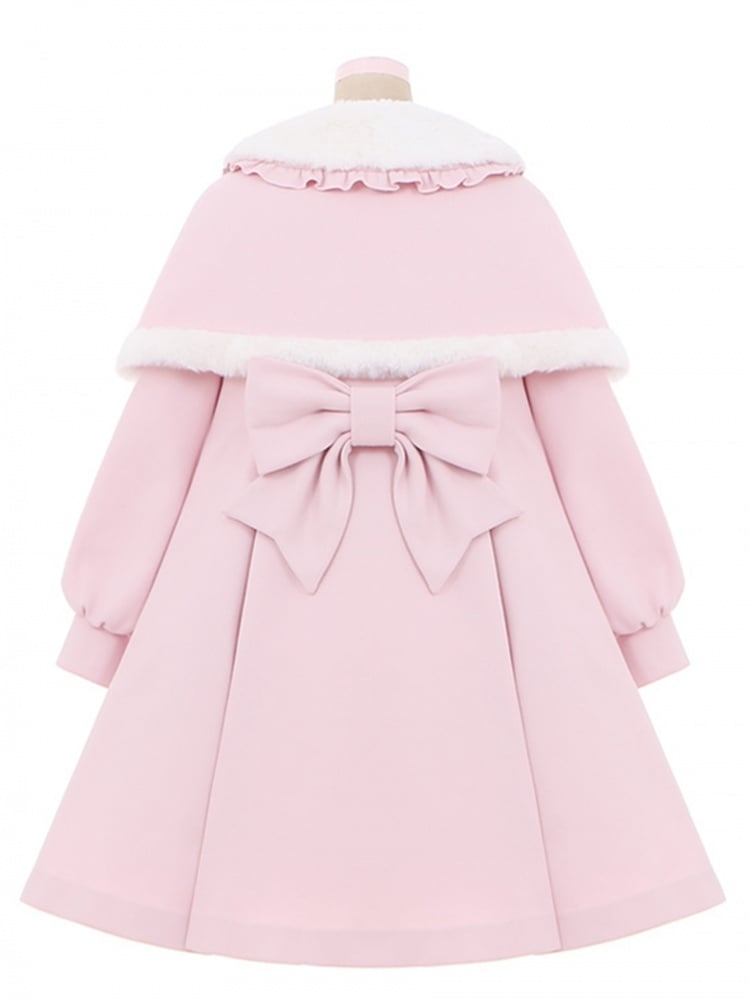 Manteau long à col en peluche rose avec nœud et cape amovible