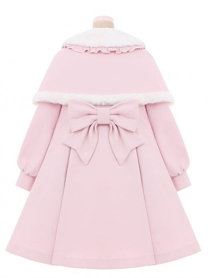 Manteau long à col en peluche rose avec nœud et cape amovible