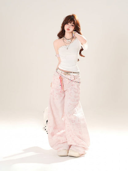 Rosa Jeans mit Leopardenmuster und weitem Bein und niedriger Taille von Gyaru