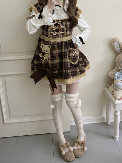 Sleeves Kawaii Soft Brown Plaid Dress Flutter with