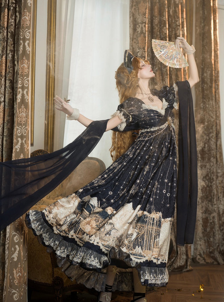 Elegant Unicorn OP Night Starry Blue Dark Set Full Empire Print Waist Lolita