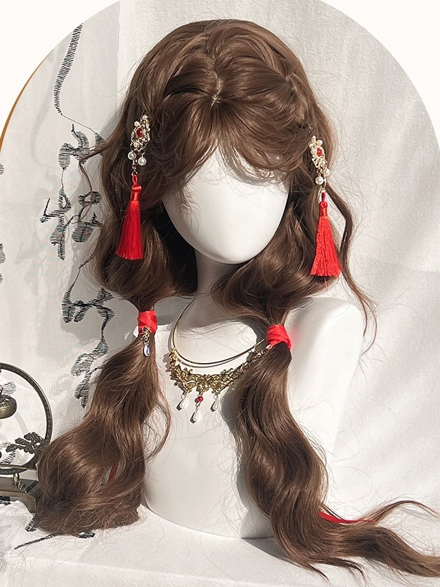 Brown Under Bust Length Wavy Synthetic Wig With Curtain Bangs