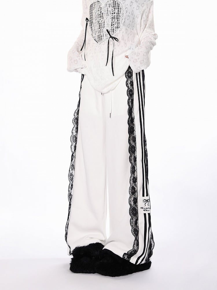 White/Black/Blue Wide-Leg Pants with Lace Trim and Bow Embroidery