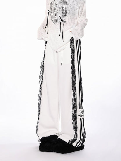 White/Black/Blue Wide-Leg Pants with Lace Trim and Bow Embroidery