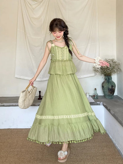 Mori Kei Green Knitted Floral Accents Cami Top