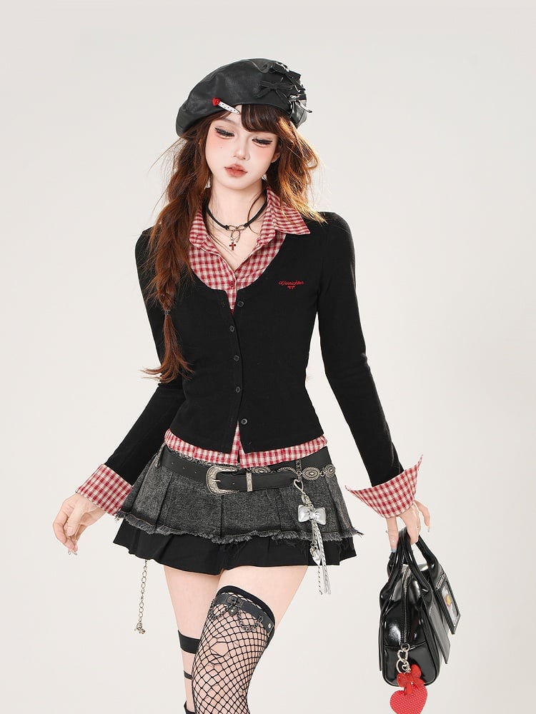 Red Plaid and Black Faux Two-pieces Slim-fitting Top