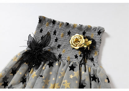Dress Balletcore Tiered Mesh Skirt Strapless Gray Ash