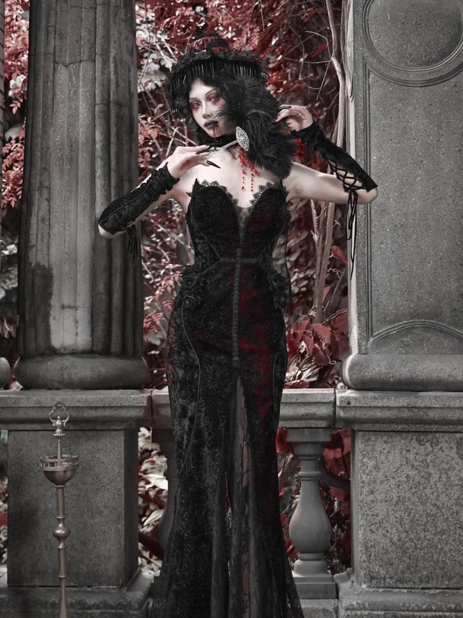 Romantic Goth Deep V-neck Vampire Mermaid Dress