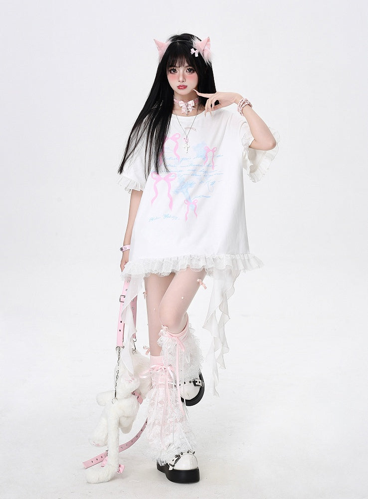 T-Shirt White/Black Cascading Ruffle Accents Bowknots Print Loose