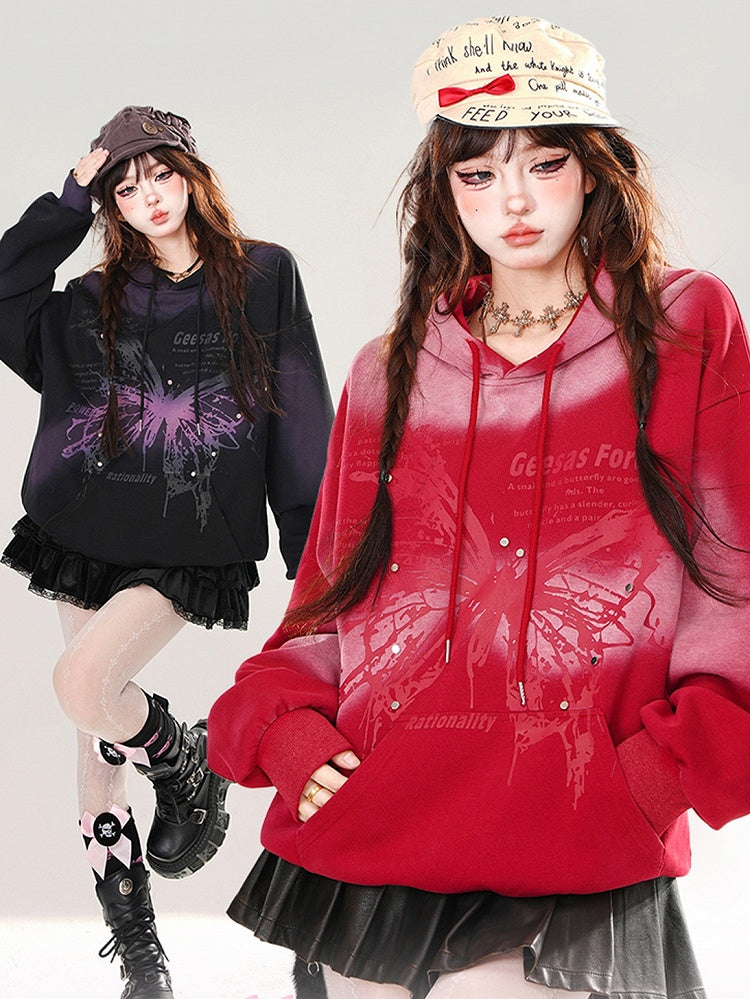 Black/Red Butterfly Print Tie Dye Loose Hoodie