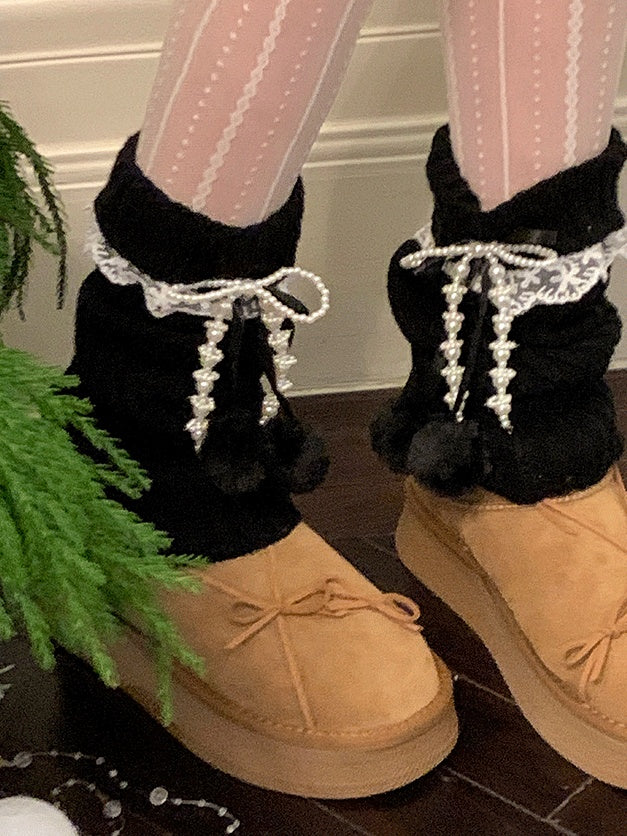 Black/Khaki/Milk White Bowknot Lace Trim Leg Warmers With Pompons