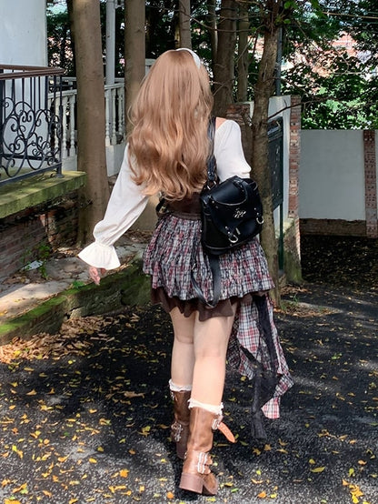 Plaid Waist Accessory with Cascading Ruffles Size Black Plus Brown /