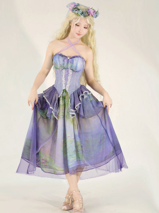 Fairy Oil Painting Purple Tiered Flounce Hem Halter Boned Corset Top Print