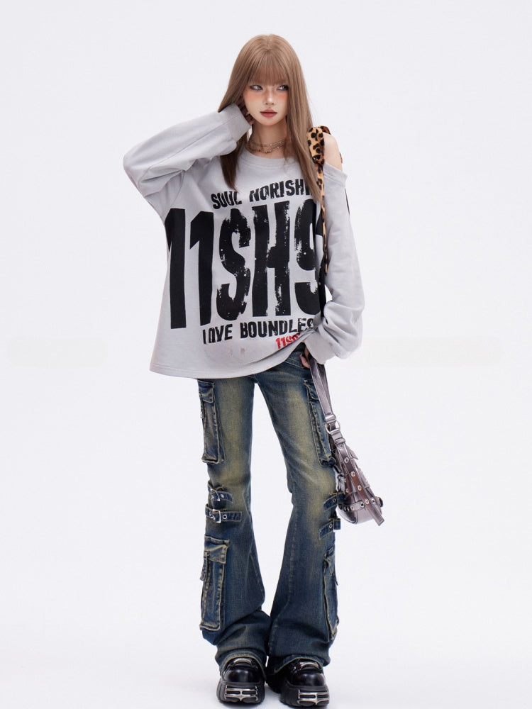 Gray Asymmetrical Neckline Leopard Glamorous Sweatshirt Letter Print Strap