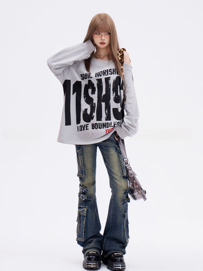 Gray Asymmetrical Neckline Leopard Glamorous Sweatshirt Letter Print Strap