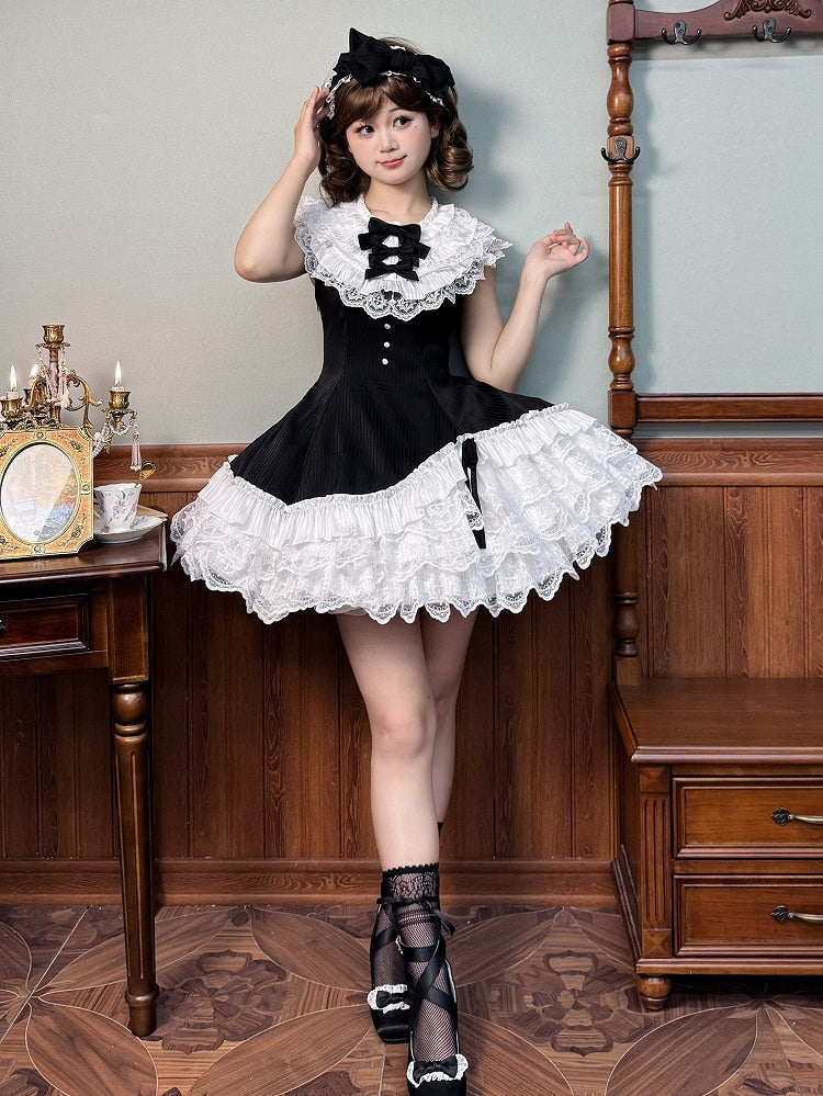 Black Striped Fabric Slim Fit Waist Lolita Sleeveless Dress with White Layered Ruffle Neck and Hem