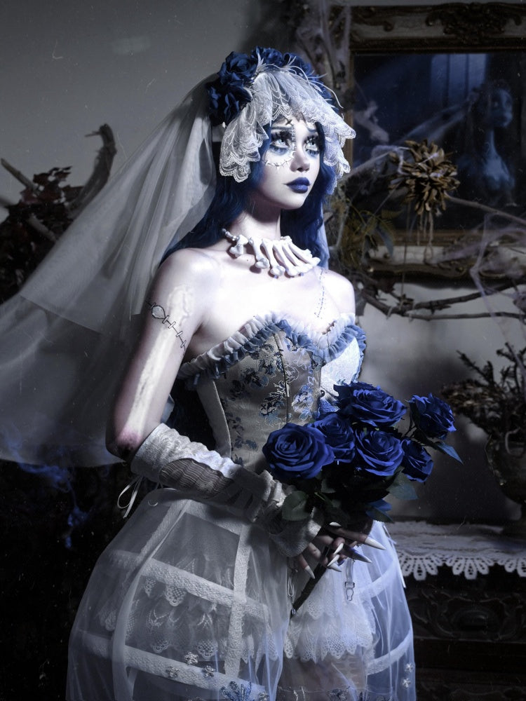 White Goth Blue Flowers Bride Veil