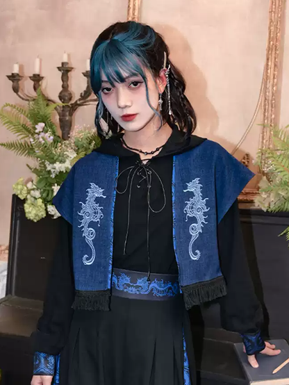 Seahorse Blue Style Cheongsam Tassel Open Hem Embroidery Top Placket