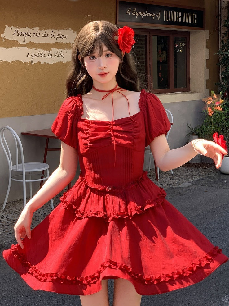 Pleating Waist Hem Details Vintage Dress Red Square Neckline Puff Sleeves Ruffle
