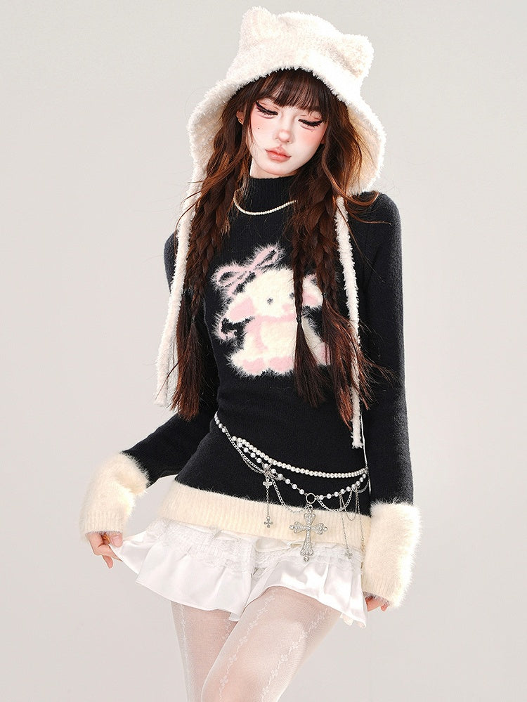 Black Cute Lamb Pattern Mock Neck Slim-fit Sweater