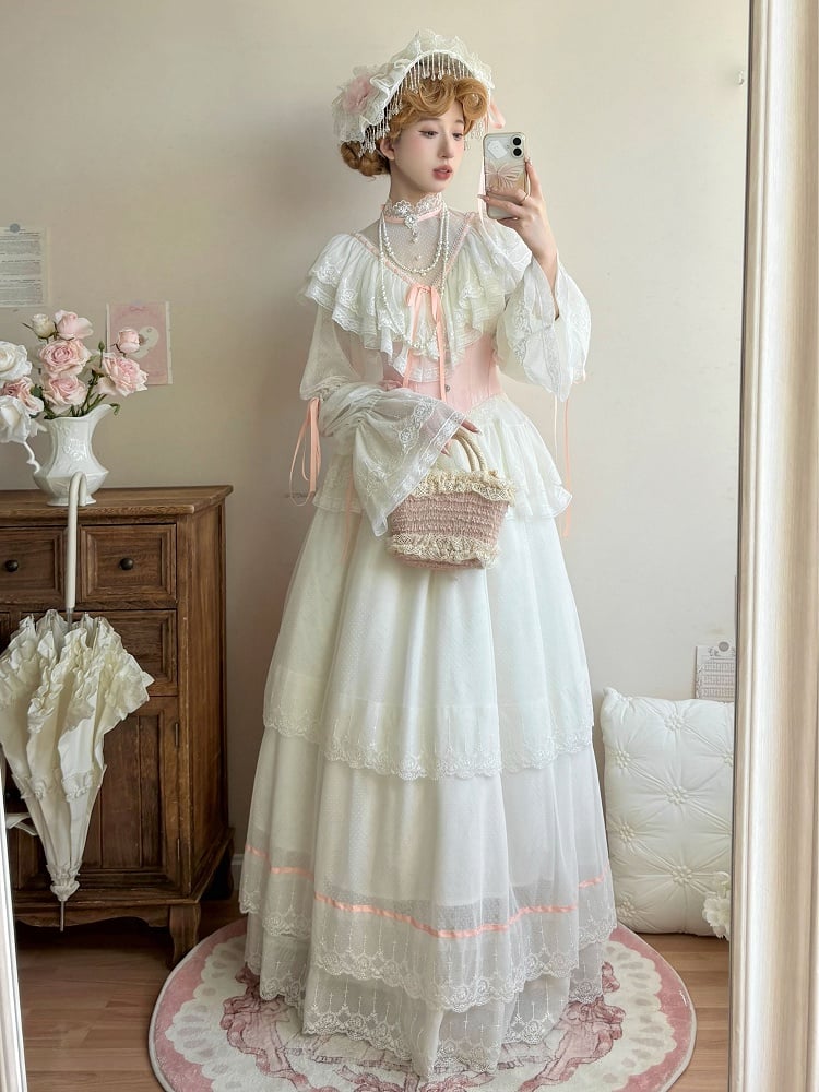 Skirt Necklace Neck Long Blouse Set + Edward Lolita Pink Corset Elegant Beige Beaded - Full Classic