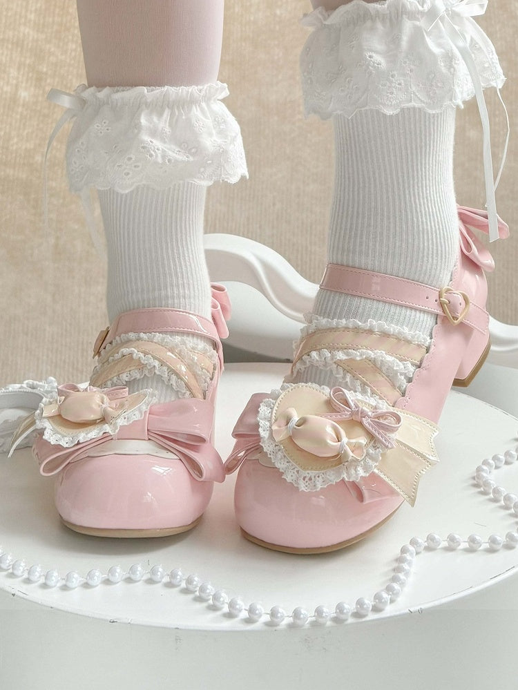 Schleifen Akzente Pink Jane PU Licht Mary Süße Schuhe mit